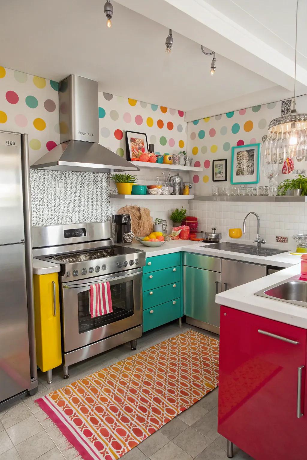 Color bursts add a lively twist to the steel cooking space.
