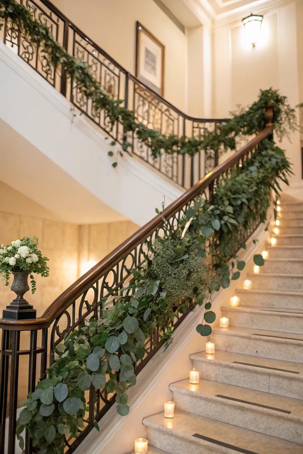 Aromatic leaves garlands inject sophistication into the staircase.