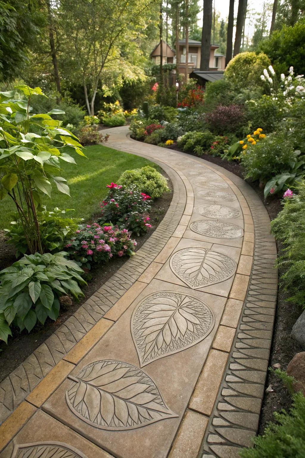 Garden walkway featuring nature-inspired leaf pattern stamped concrete edge