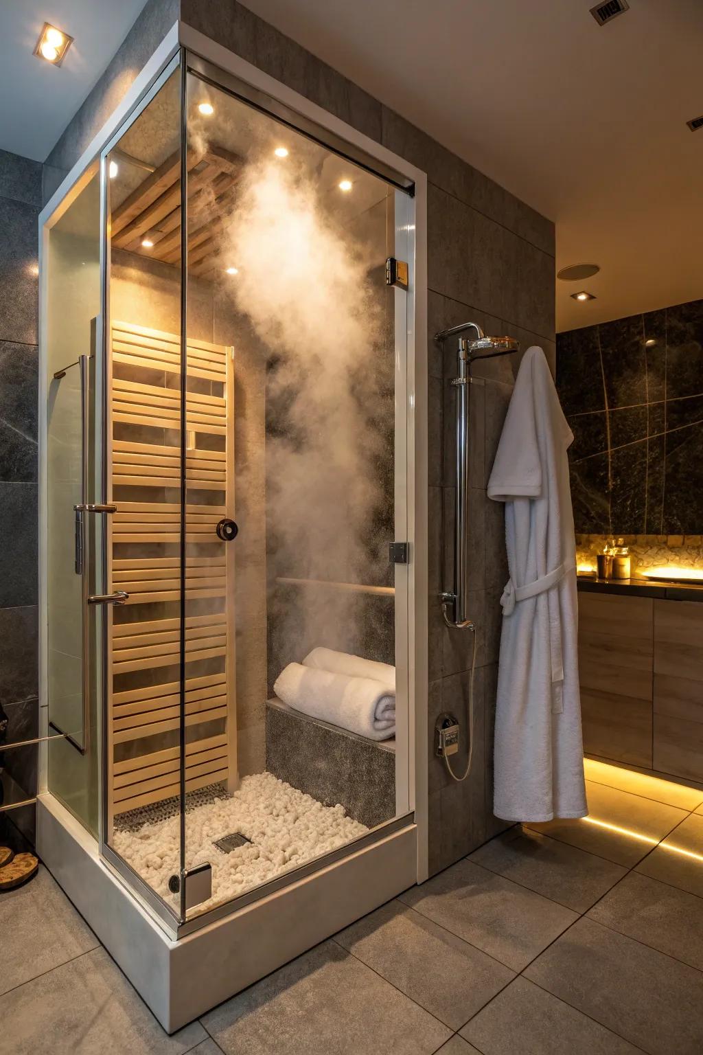 Towel heating devices add a hint of luxury to steam enclosures.