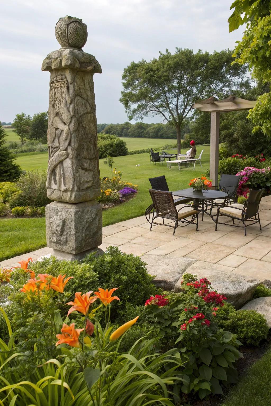 A striking stone art piece elevating garden design.