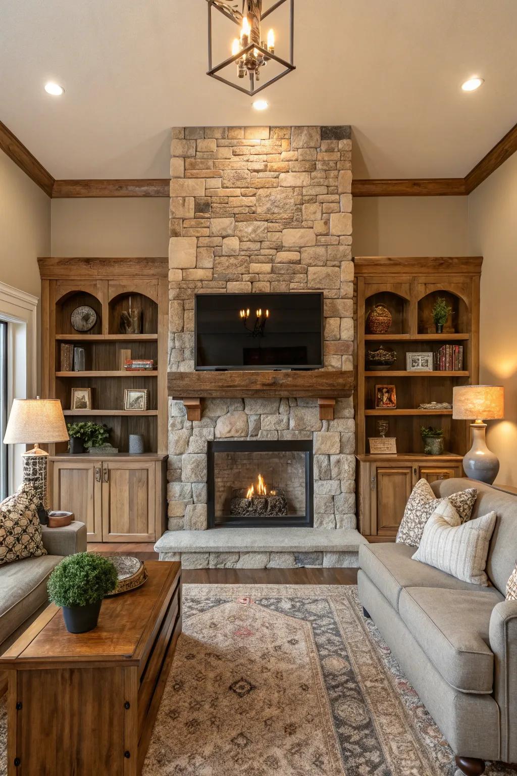 Design visual harmony using symmetrical shelving that frames your masonry hearth beautifully.