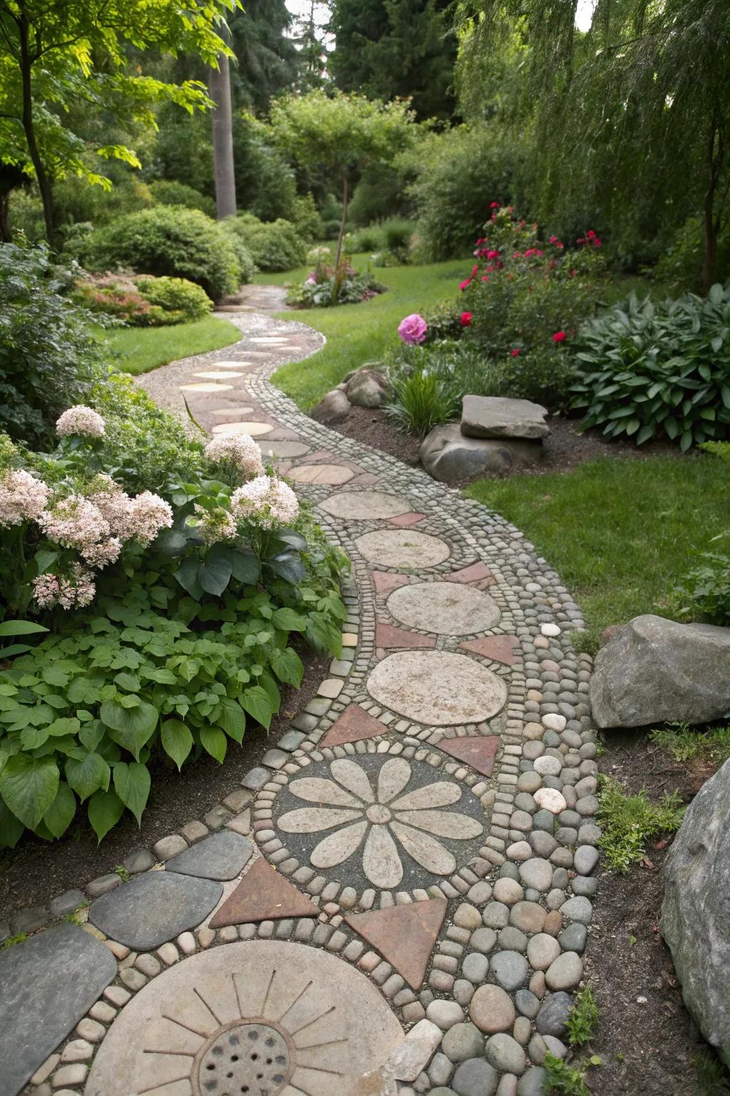 Artistic stone figures add a creative flair to your garden path.