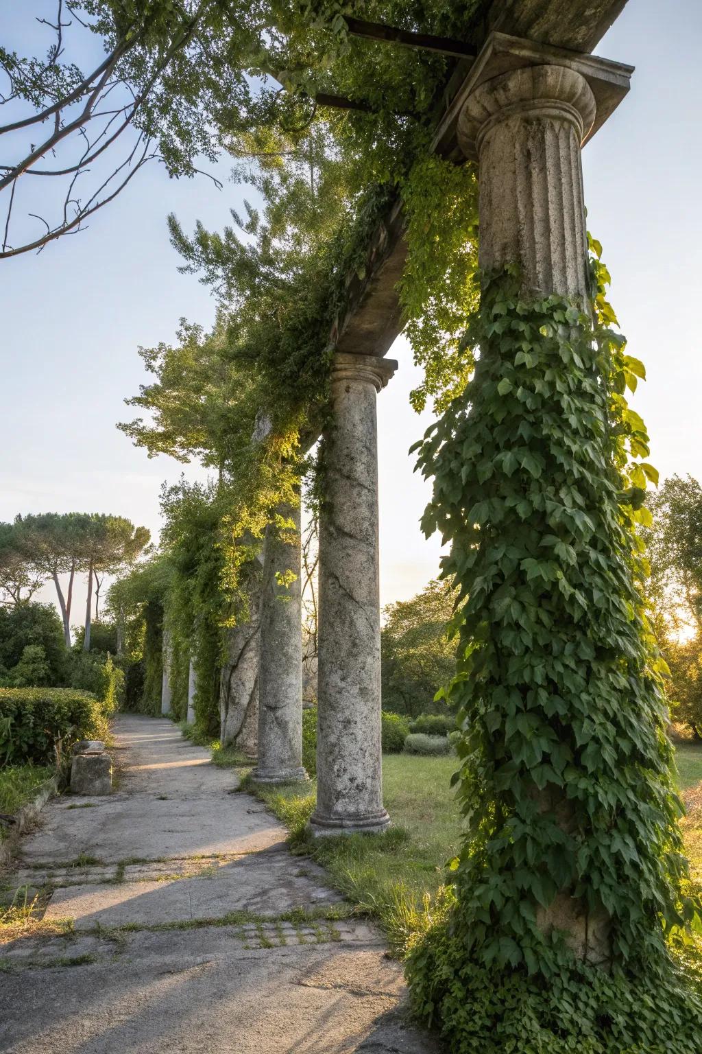 Transform stone supports into verdant walls using vibrant verdure.