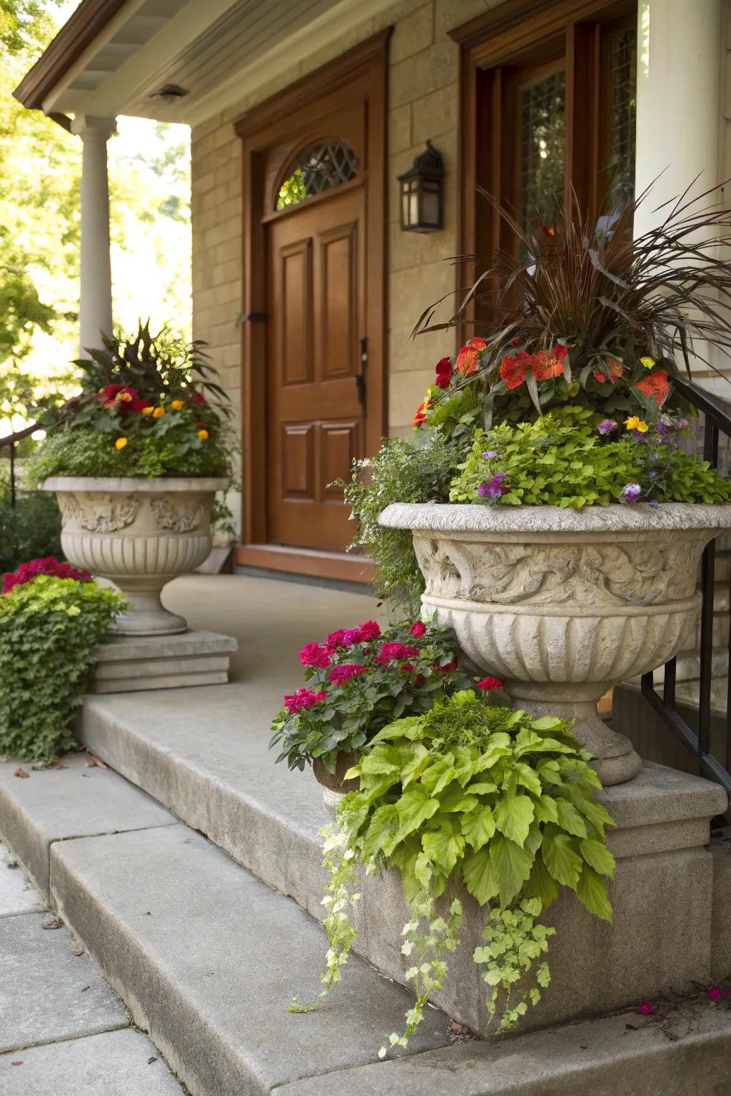Rock pots enhance the green appeal of the porch.