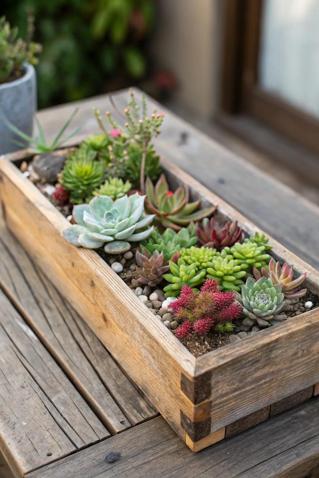 A rustic timber container spotlighting a vibrant succulent arrangement.