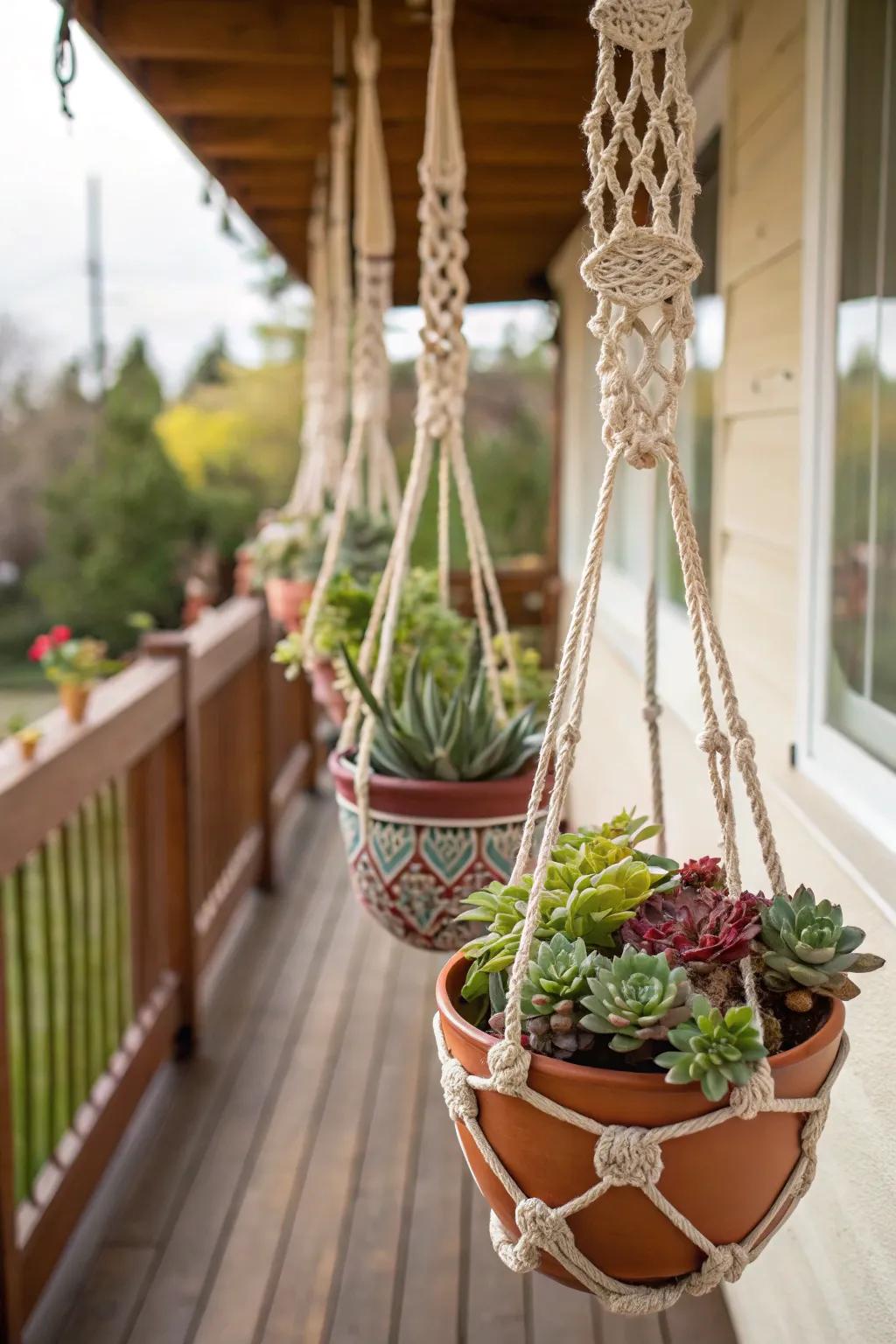 An inventive suspended space with succulents exhibited in pots and macramé.