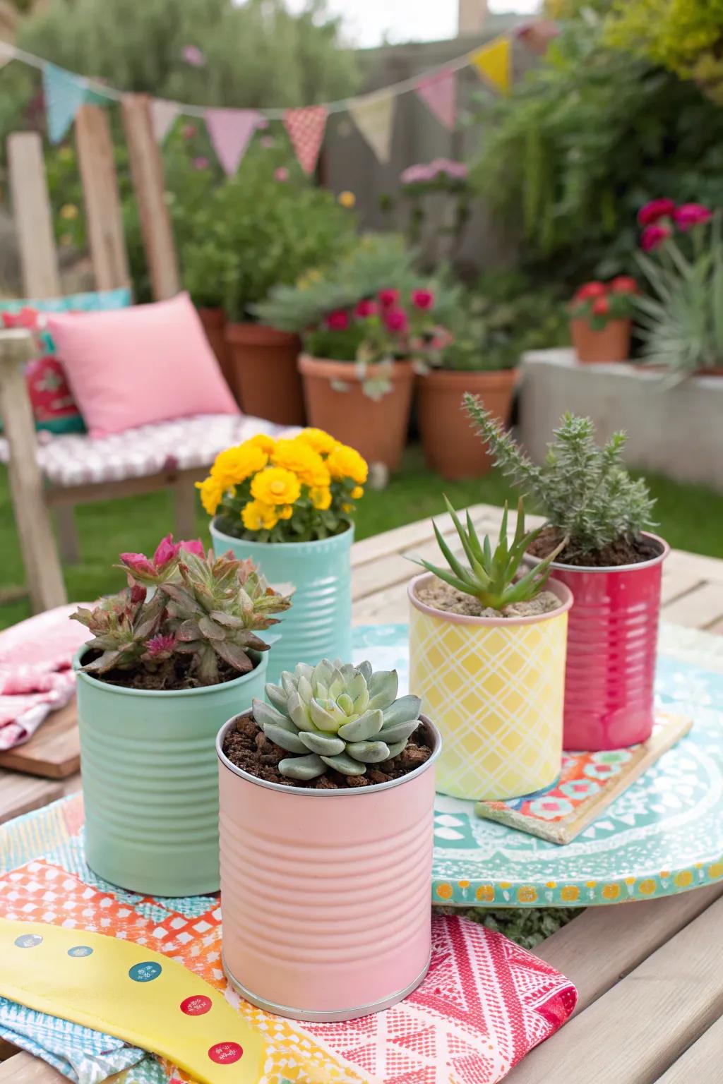 Vibrant alloy cans fashion a lively and economical succulent display.