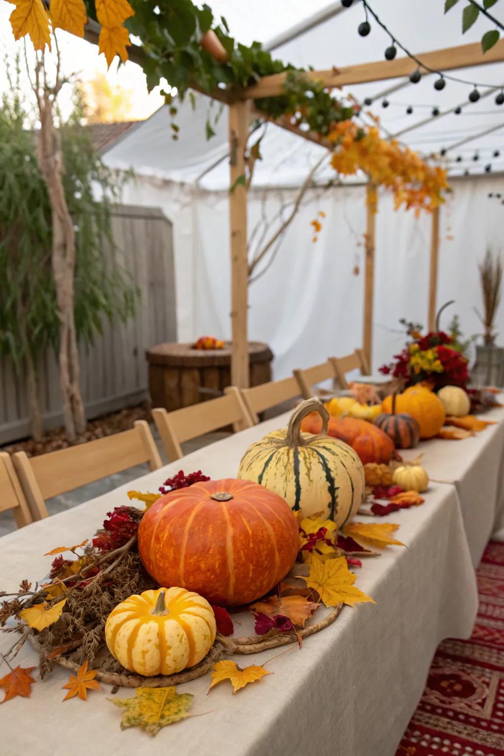 A sukkah table embellished with harvest-inspired table embellishments of gourds and squash.