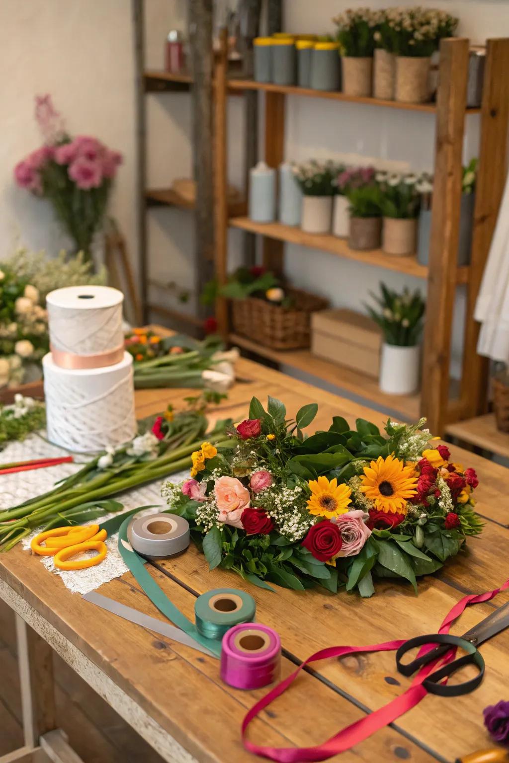 A creative flower crown station for summer adornments.