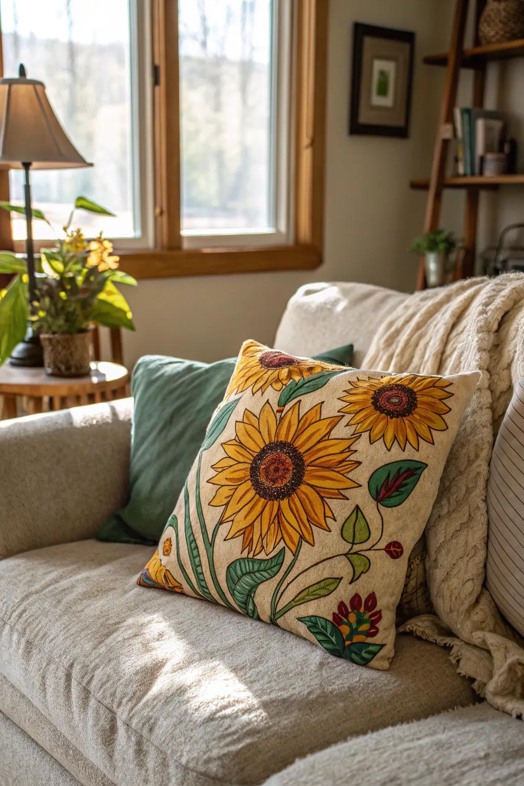 Cozy sunny bloom throw pillow adding a splash of color.