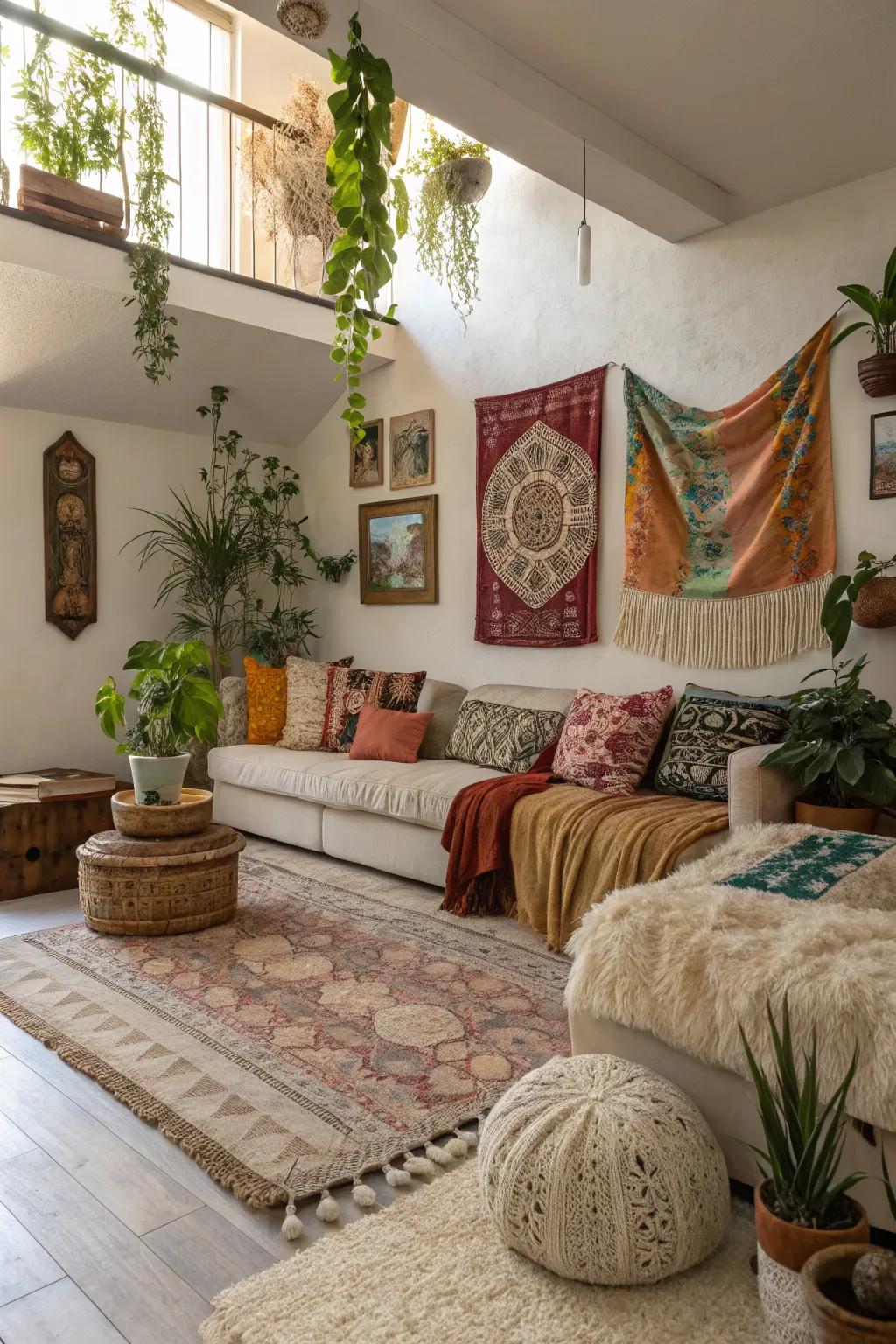 A sunken living room with bohemian decor.