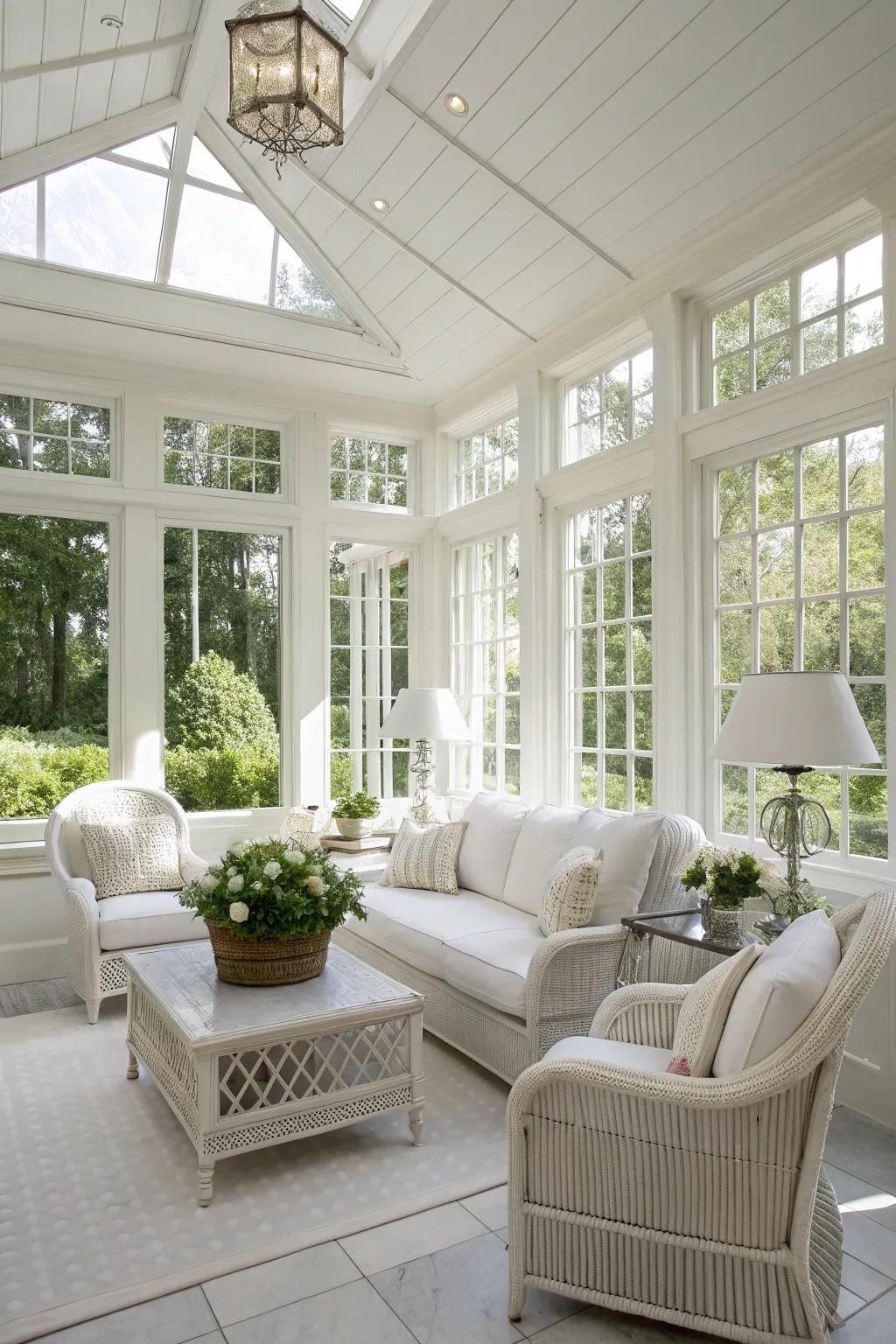 A completely white scheme fashions an elegant sunroom.