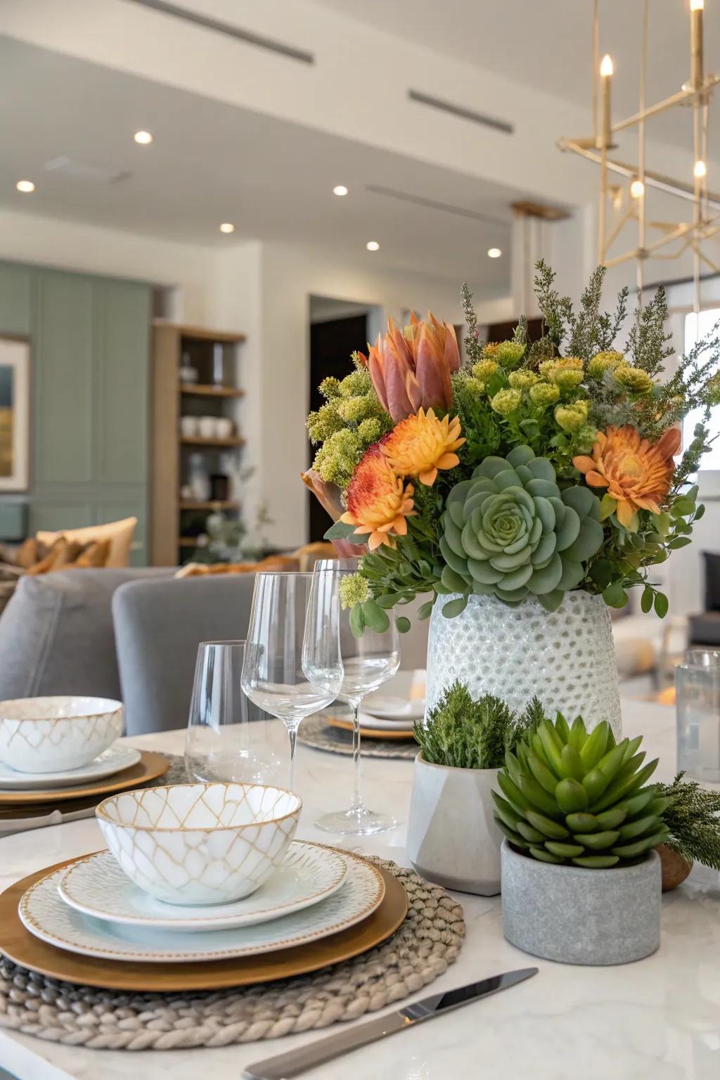 A floral and fleshy green arrangement attaches a revitalizing and modern element.