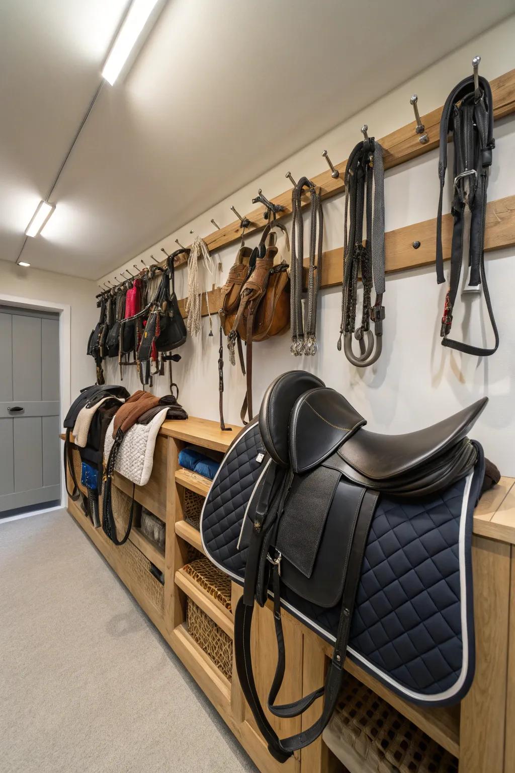 Ergonomic saddle holders in a tack room for protection and style.