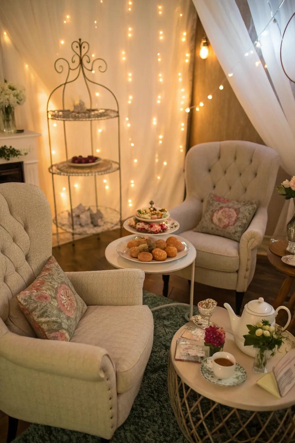 An intimate indoor arrangement fashions a personal tea gathering atmosphere.