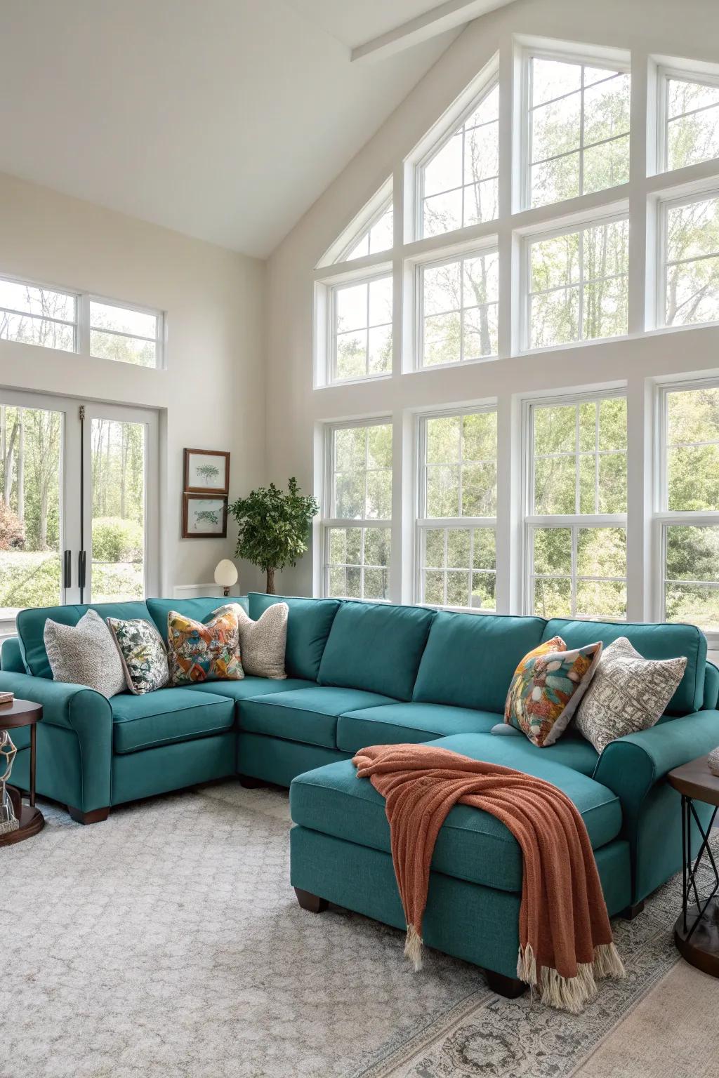 A cobalt modular settee delivers both aesthetic and relaxation within expansive spaces.