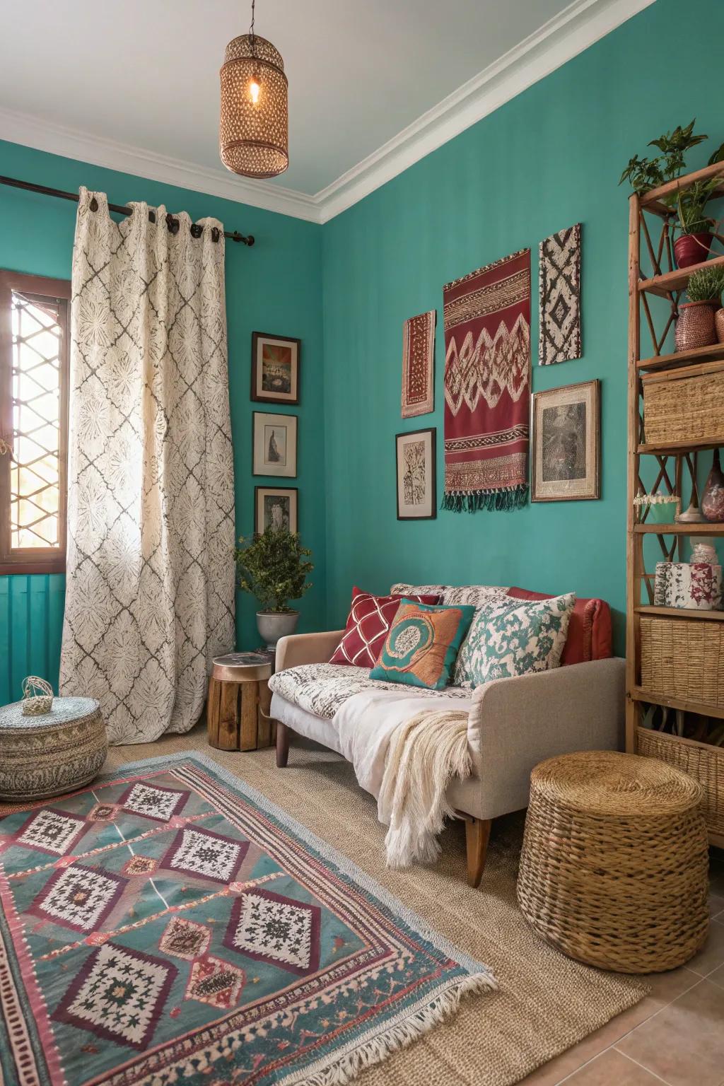 Diverse styling style featuring turquoise walls as a foundation.
