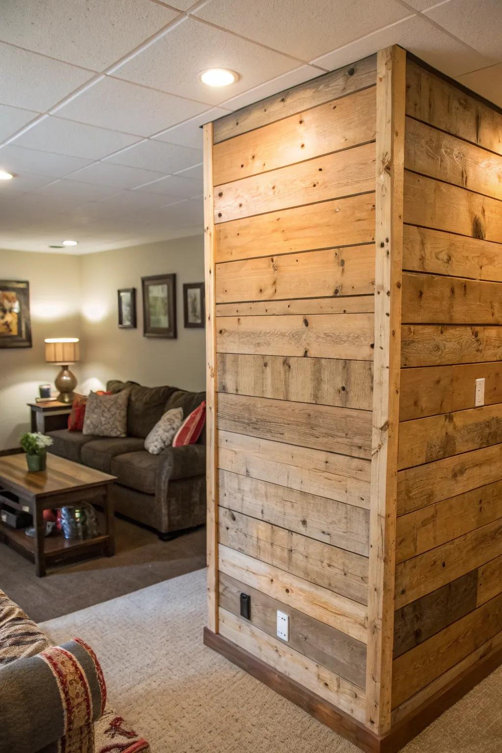 Timber panels create a warm, rustic feel on a modular wall.