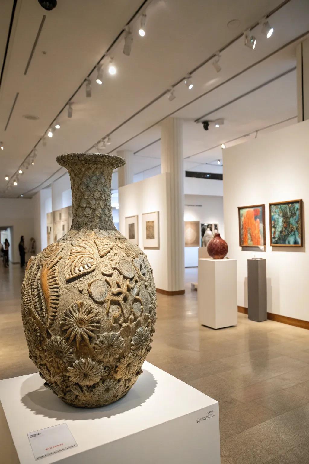 A sculptural embossed art piece commands attention in this modern gallery.