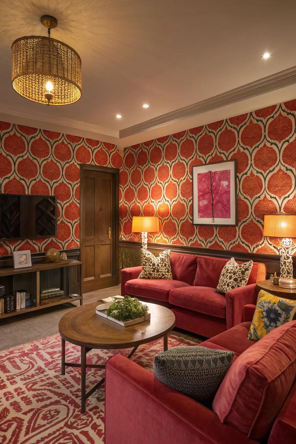 This living room features wallpaper with a bold pattern.