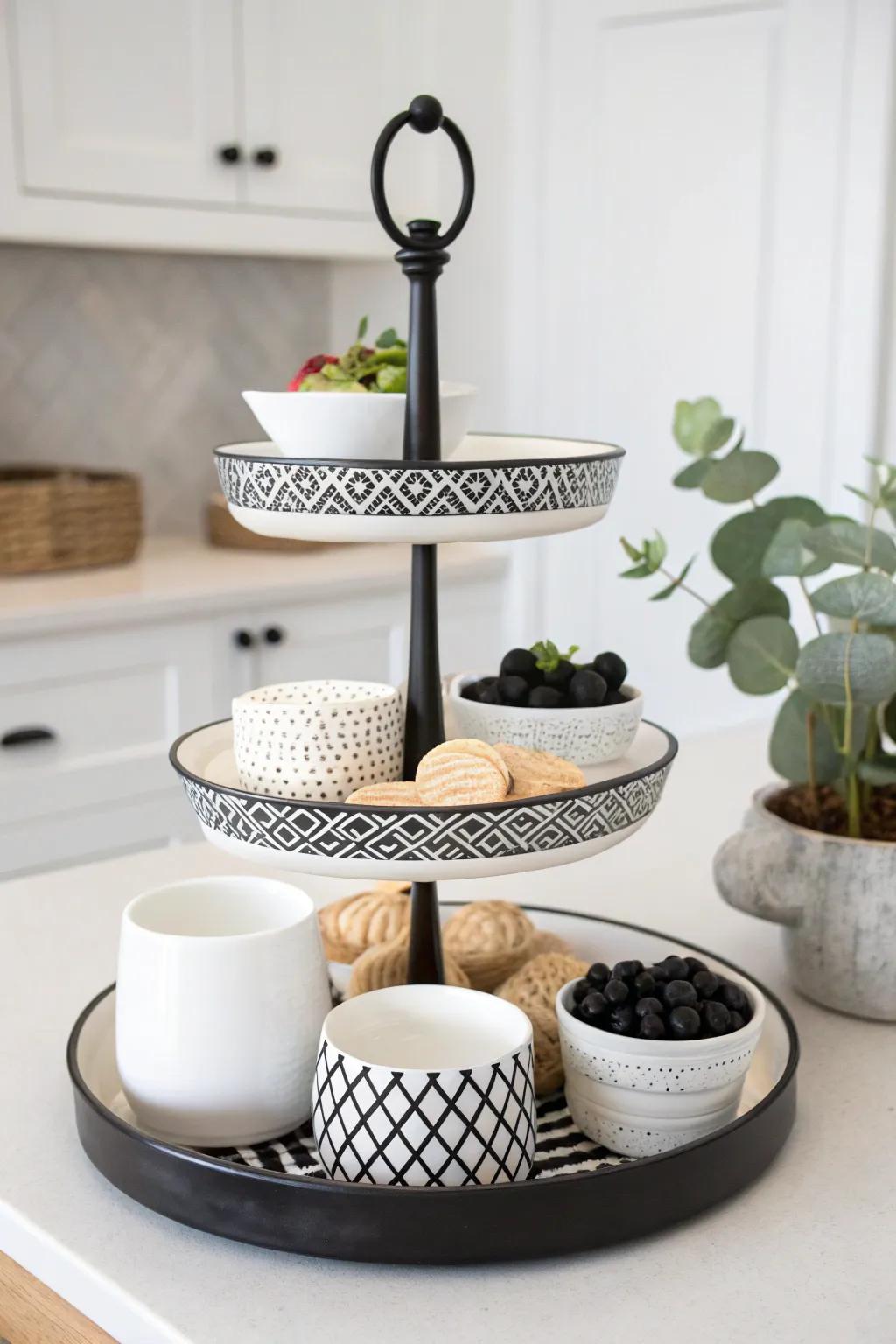 A monochrome-themed tiered display exuding sophistication.