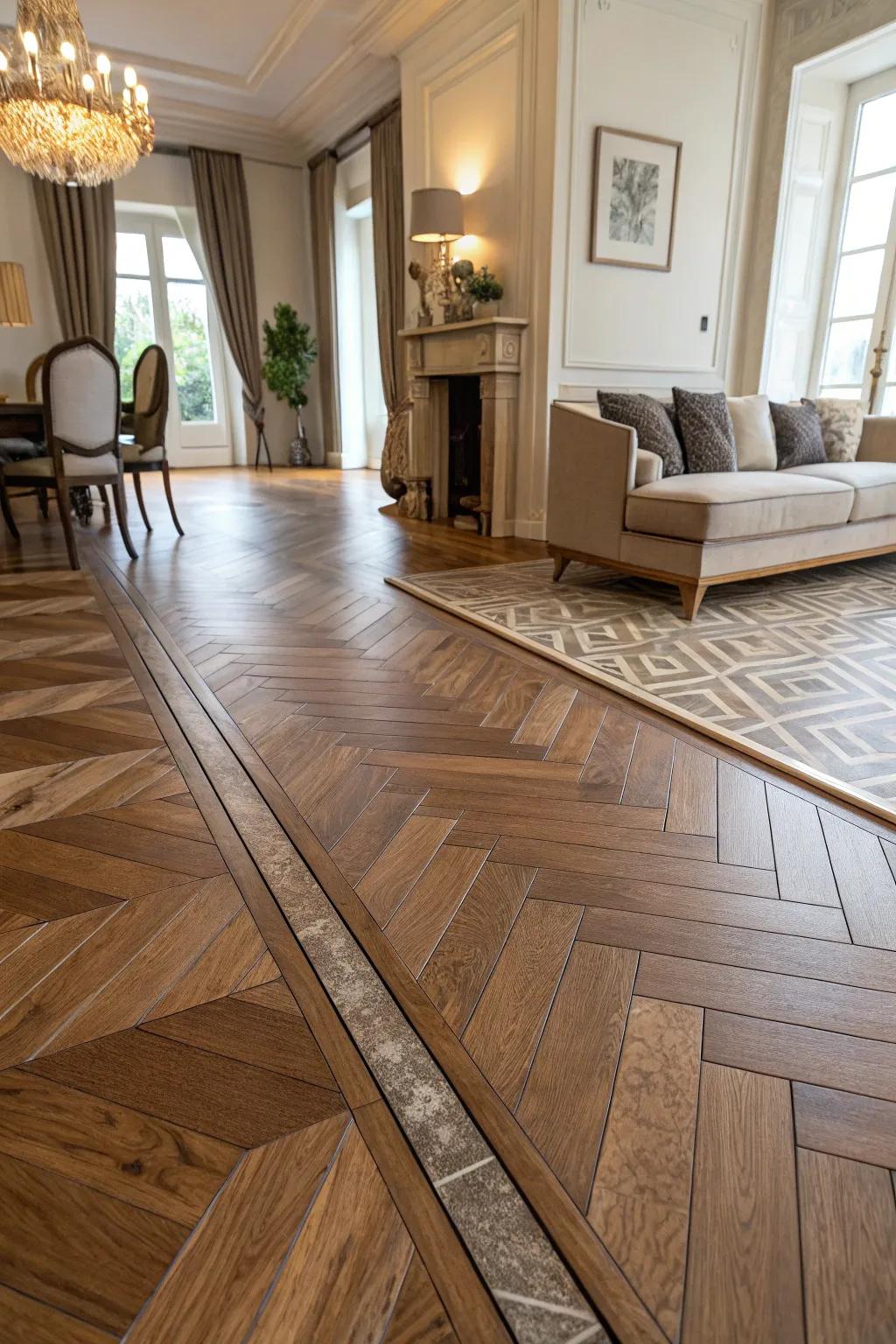 Diagonal cut tiles create a subtle transition into wooden flooring.