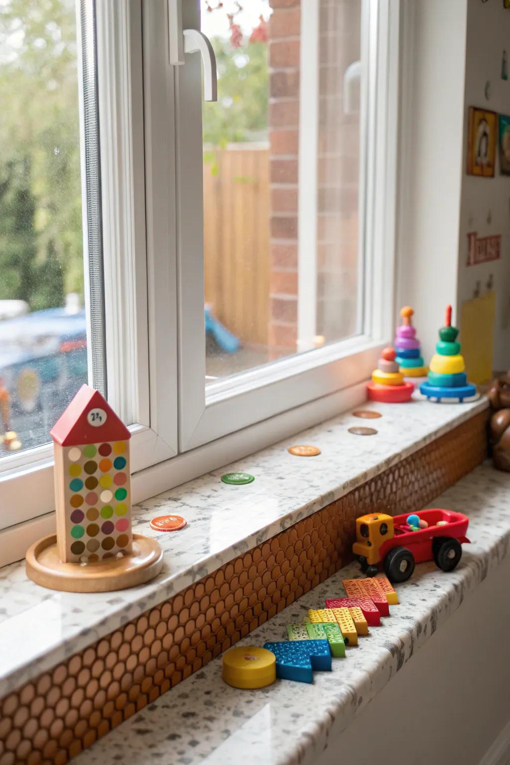 Penny tiles contribute a spirited and whimsical accent to this kid's playroom window sill.