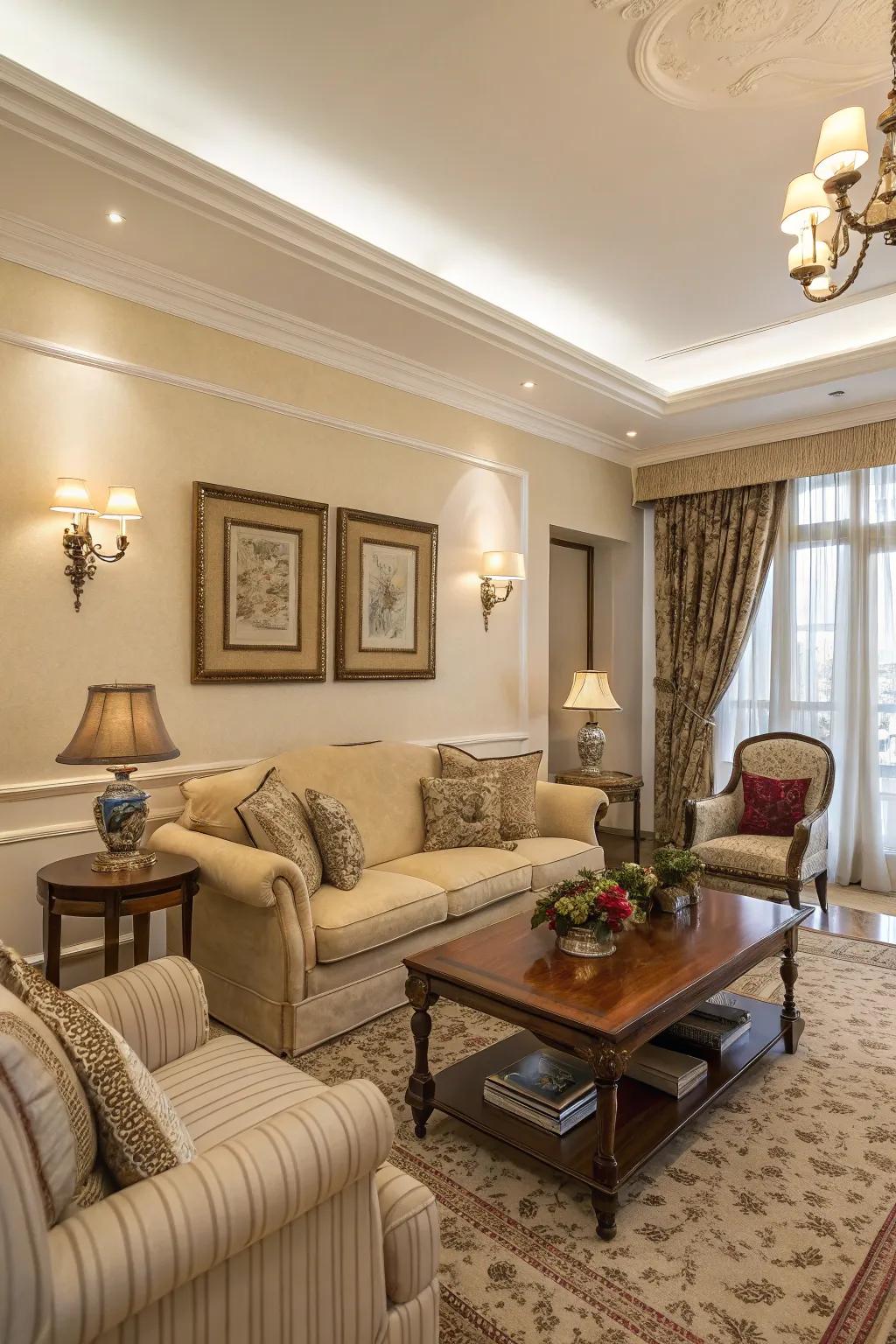 A snug room flaunting walls painted in an elegant beige.