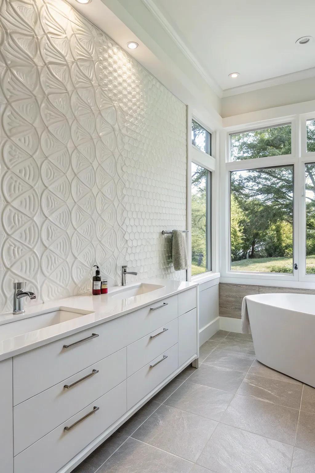 A white bathroom featuring textured wall finishes that introduces enhanced depth and intrigue.