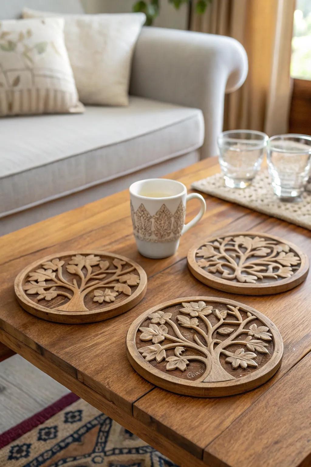 Arbor Vitae coasters give a coffee table charm and protection.