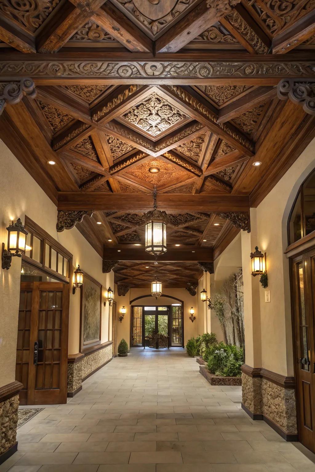 Complex ceiling features add architectural intrigue to your entryway.