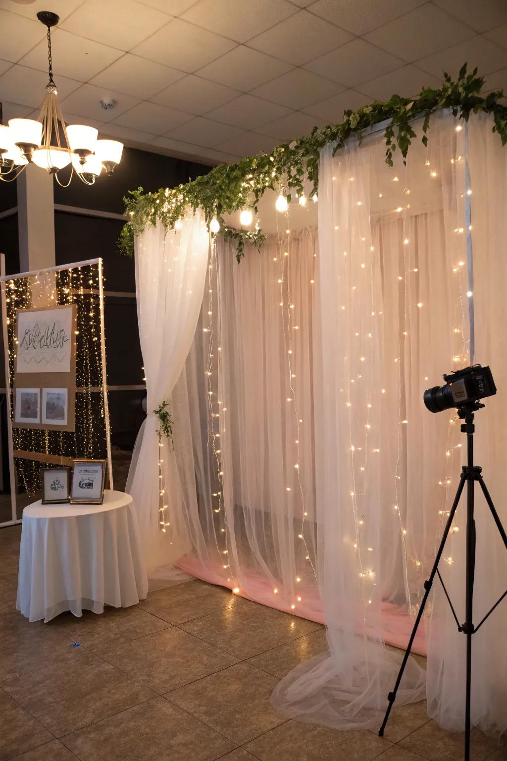 Capture memories with a fabric sheer photo station backdrop.