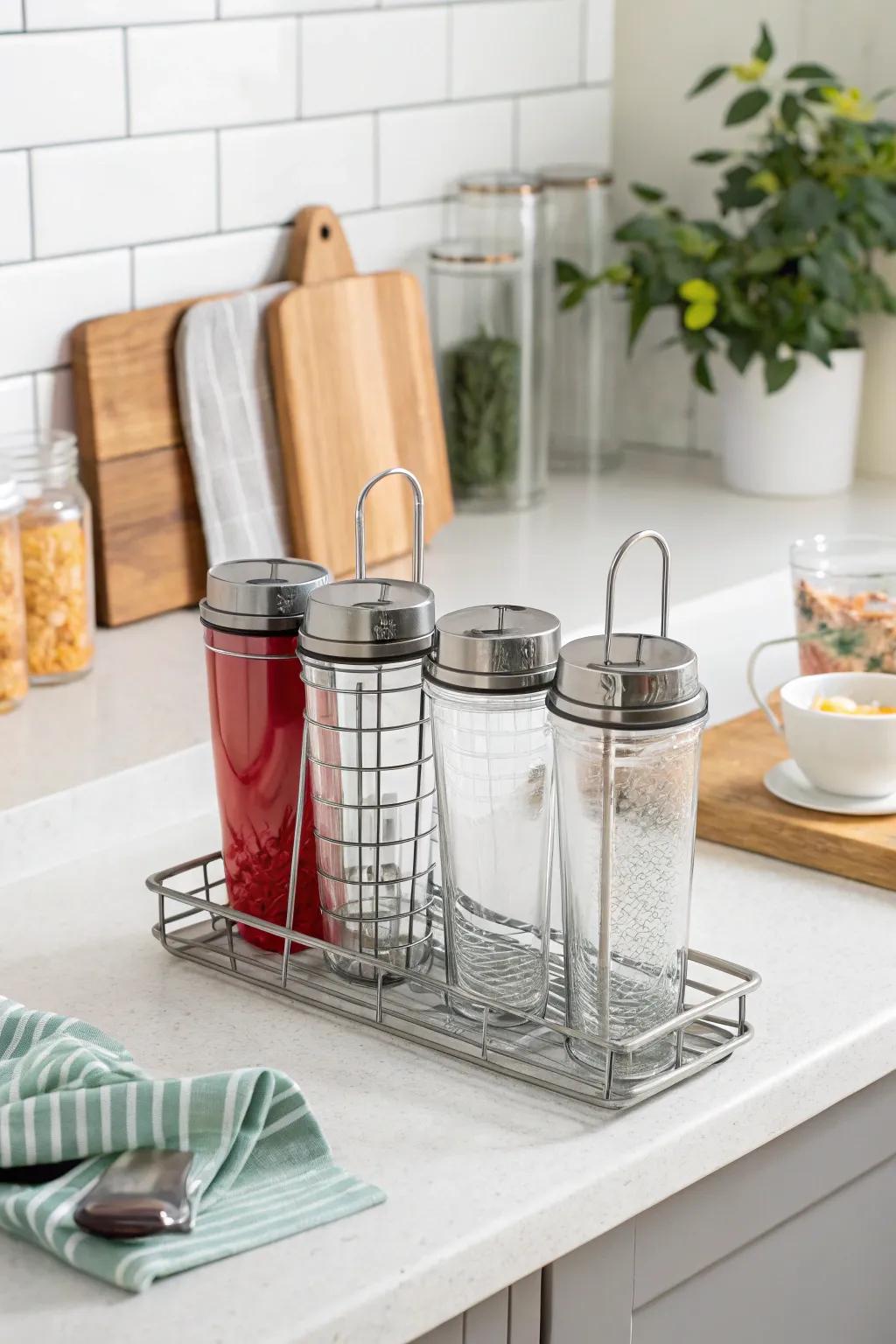 Wire rack facilitating easily accessible tumbler organization.