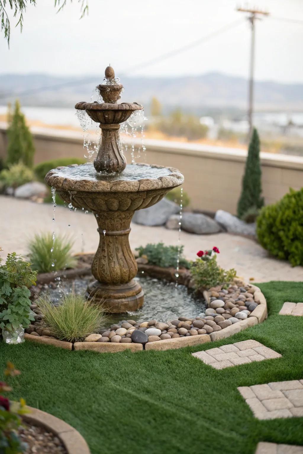 A serene aquatic element bordered by turf.