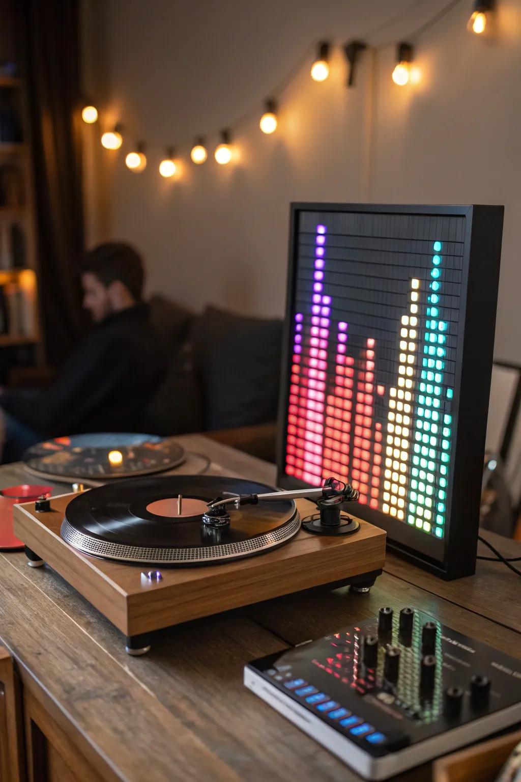 An LED music visualizer contributing dynamic visuals to the arrangement.