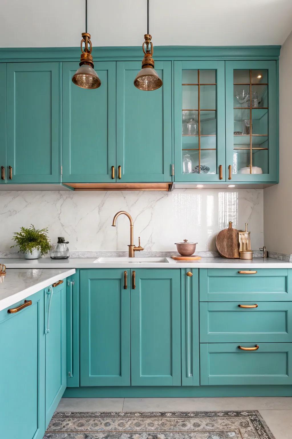 Copper accents enhancing the elegance of a turquoise cooking area.