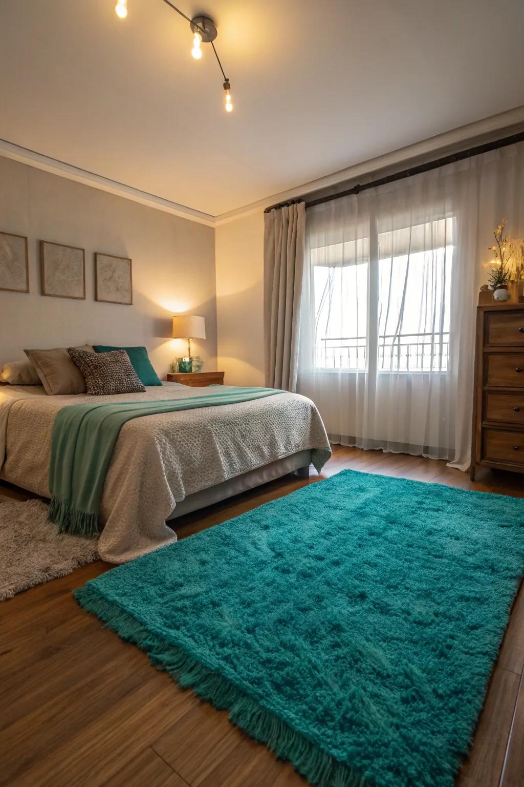 A teal rug adds cozy comfort and style.
