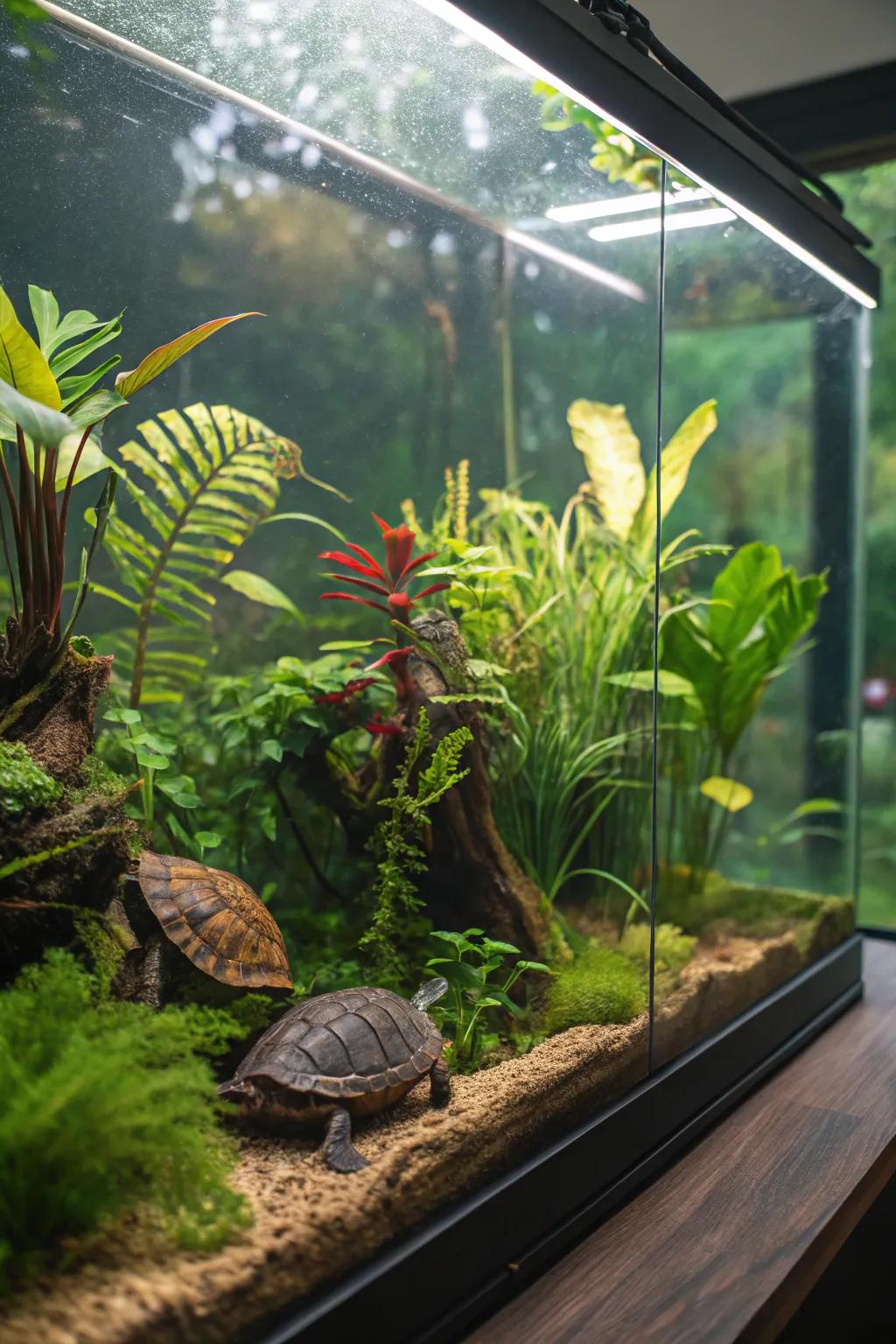 A jungle theme provides both beauty and security for your turtle.