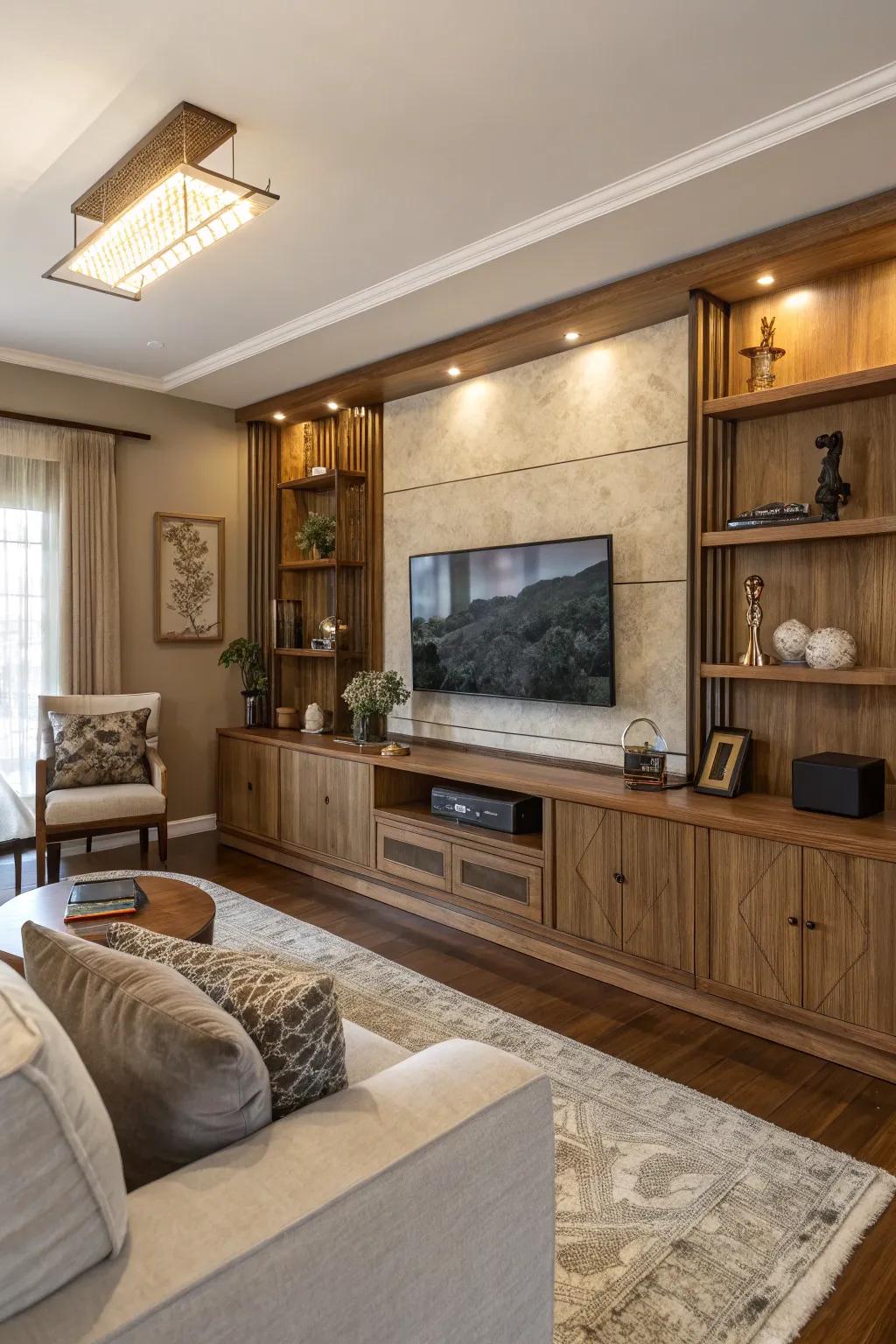A varied material combination enriches this TV accent wall.
