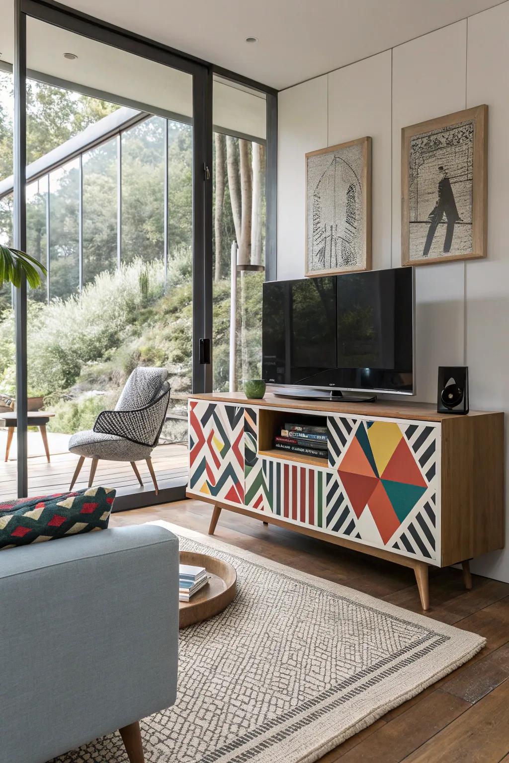 Geometric shapes add dynamic visual interest.