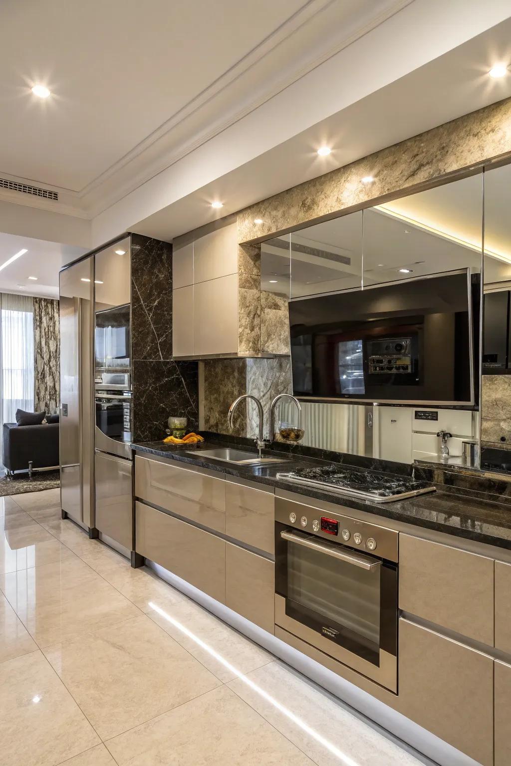 A mirror television in the cooking area, merging utility with elegant design.