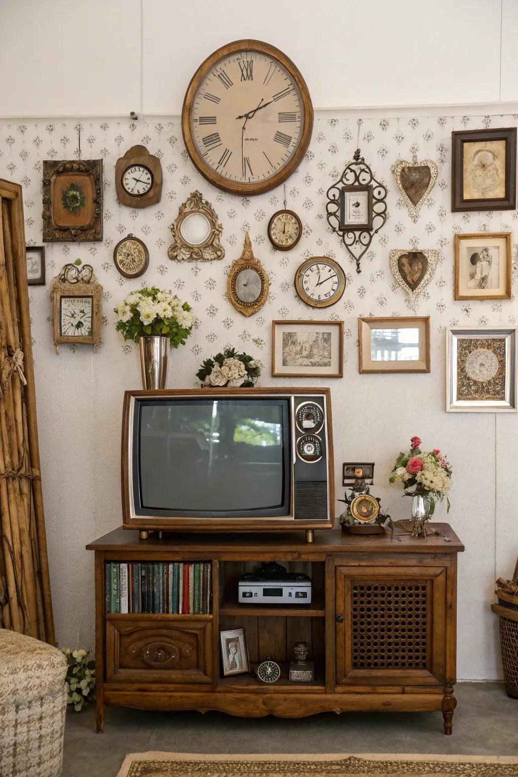 Vintage components append charm to this TV wall.
