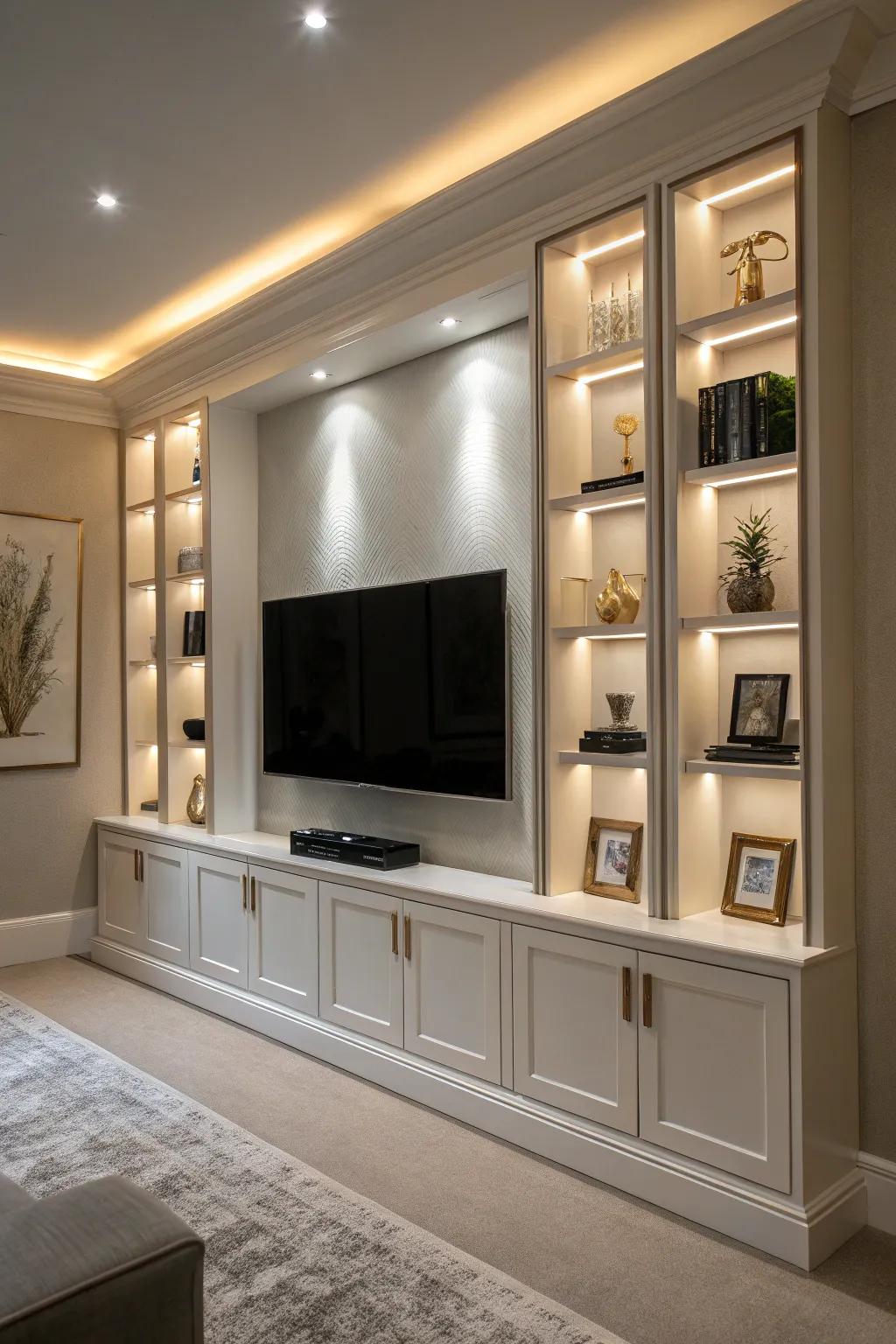 Recessed niches provide a sleek and functional TV wall design.