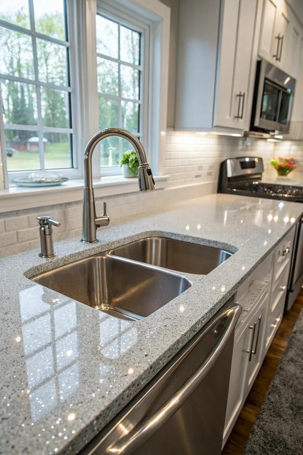 The easy-to-clean edges of an undermount sink in a sparkling kitchen.