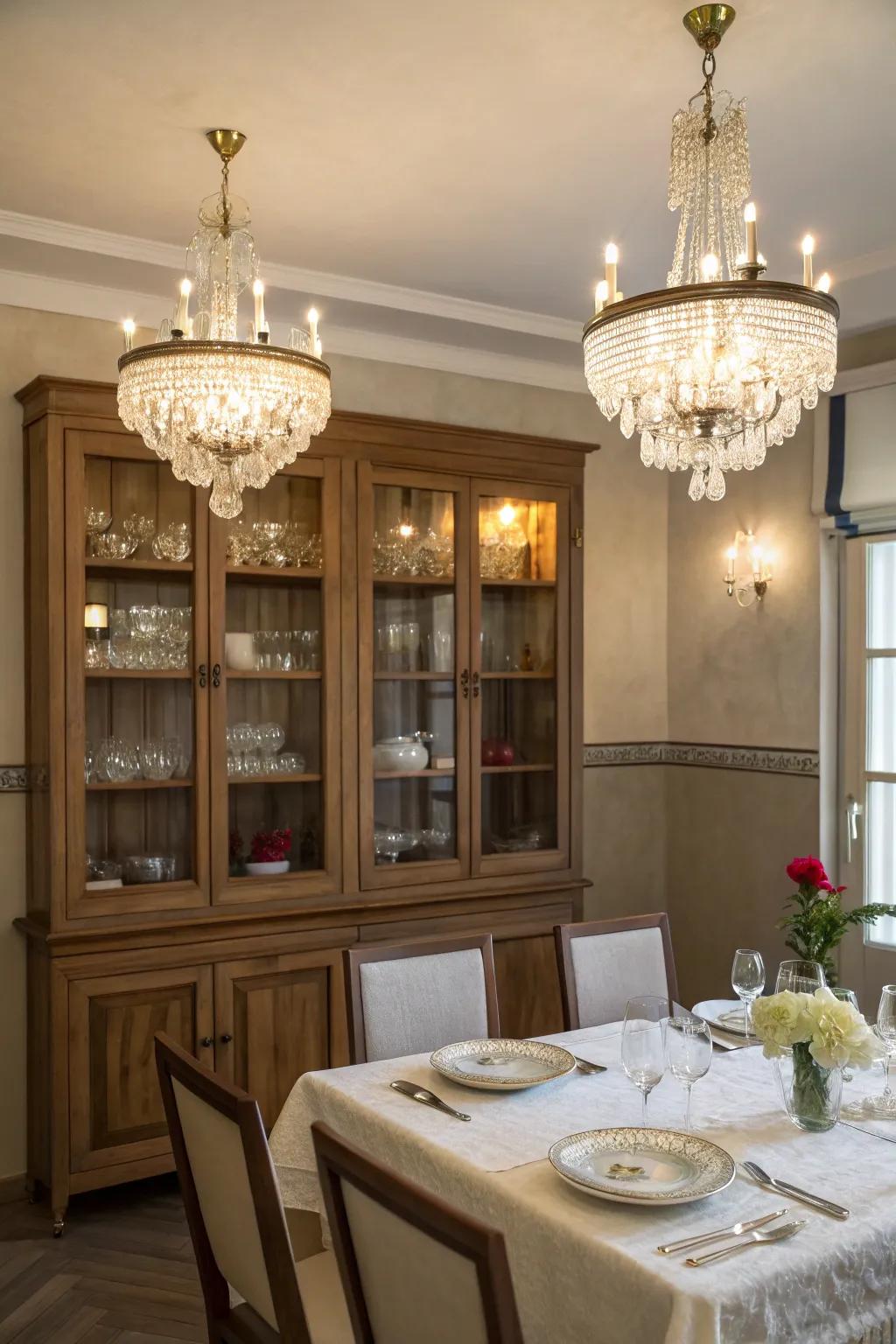Small-scale chandeliers add a luxurious touch above cabinets.