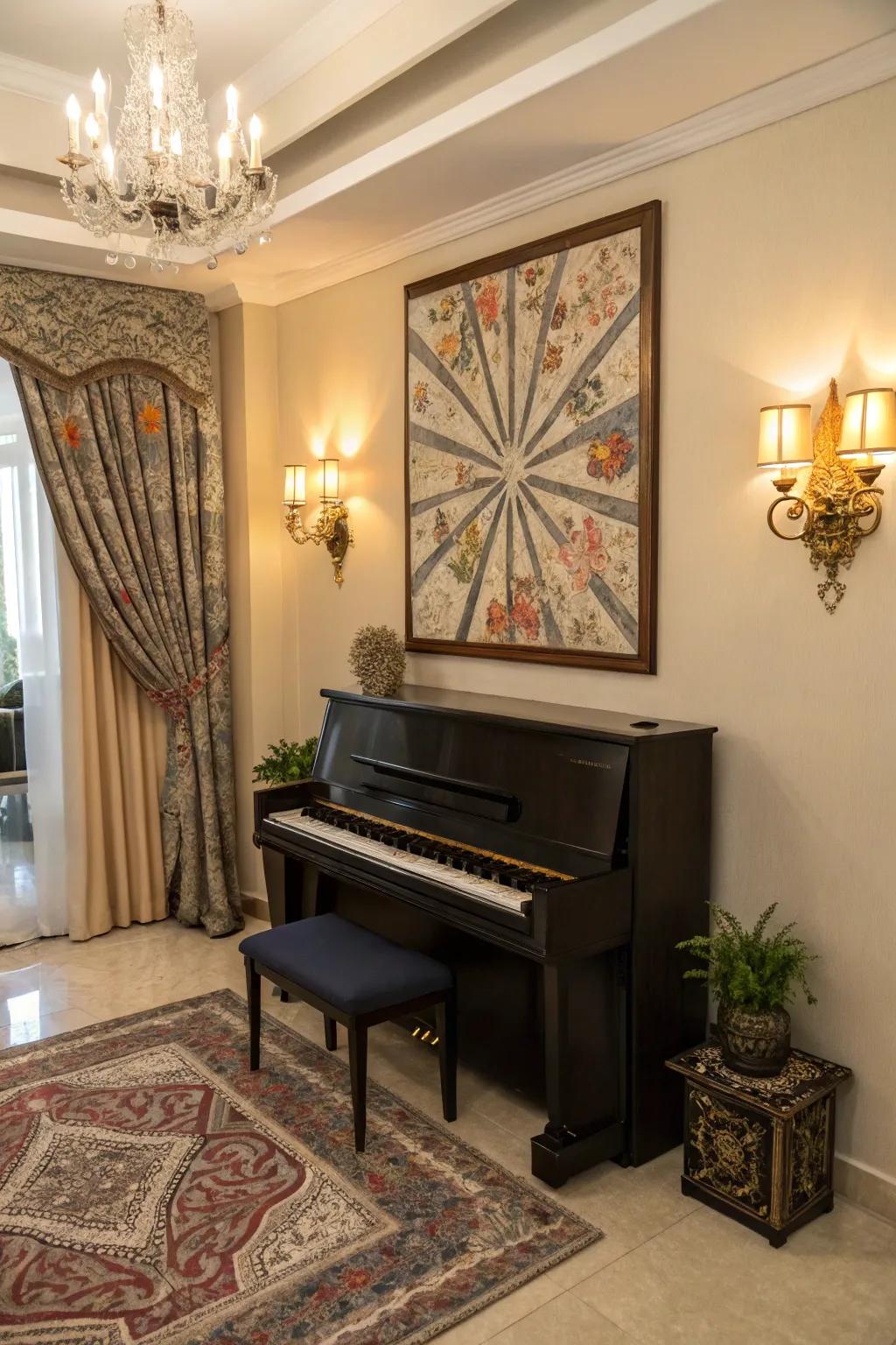 Make a statement with brave wall design that highlights your piano.