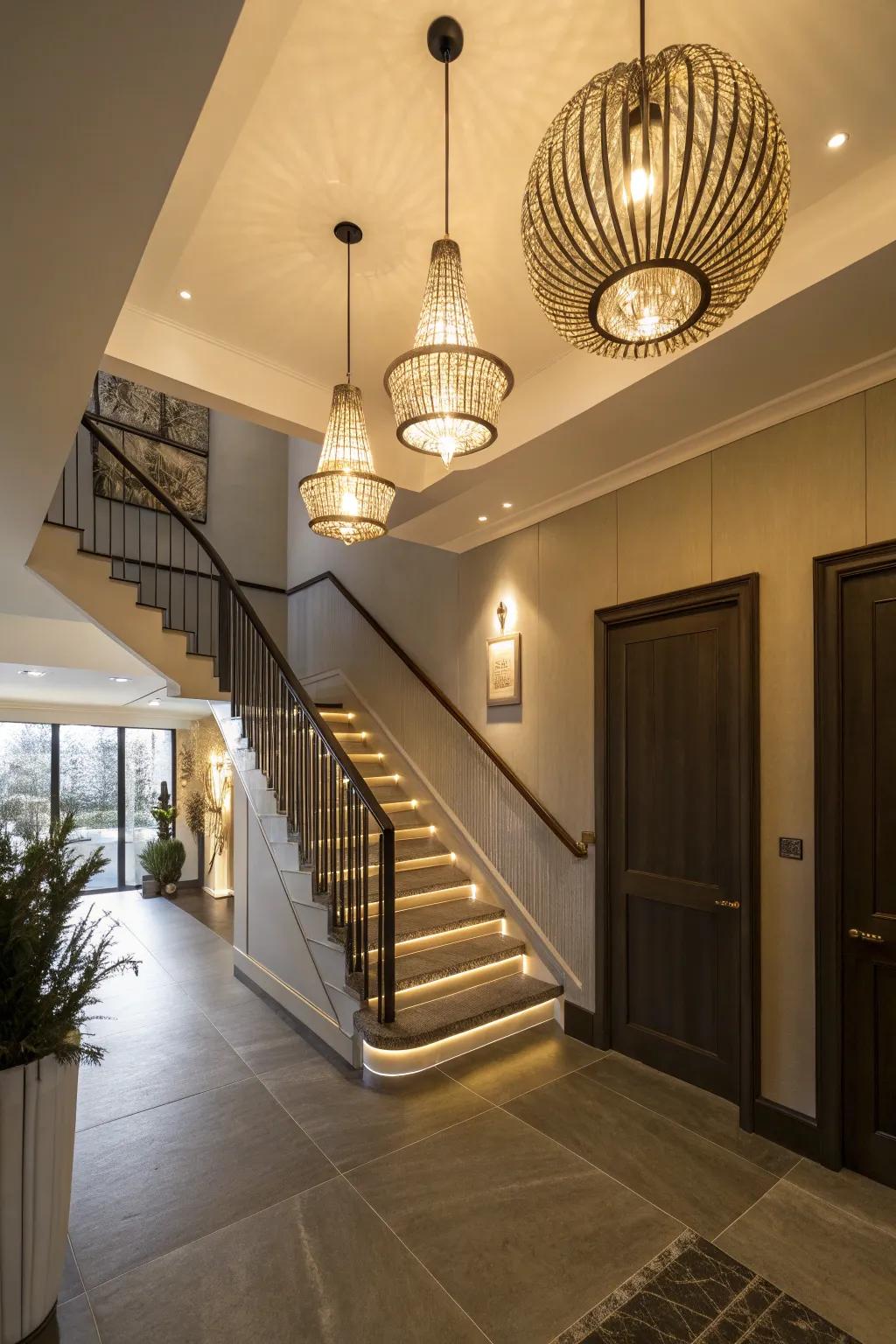 Hanging lighting enhances the ambiance of the upper hallway.