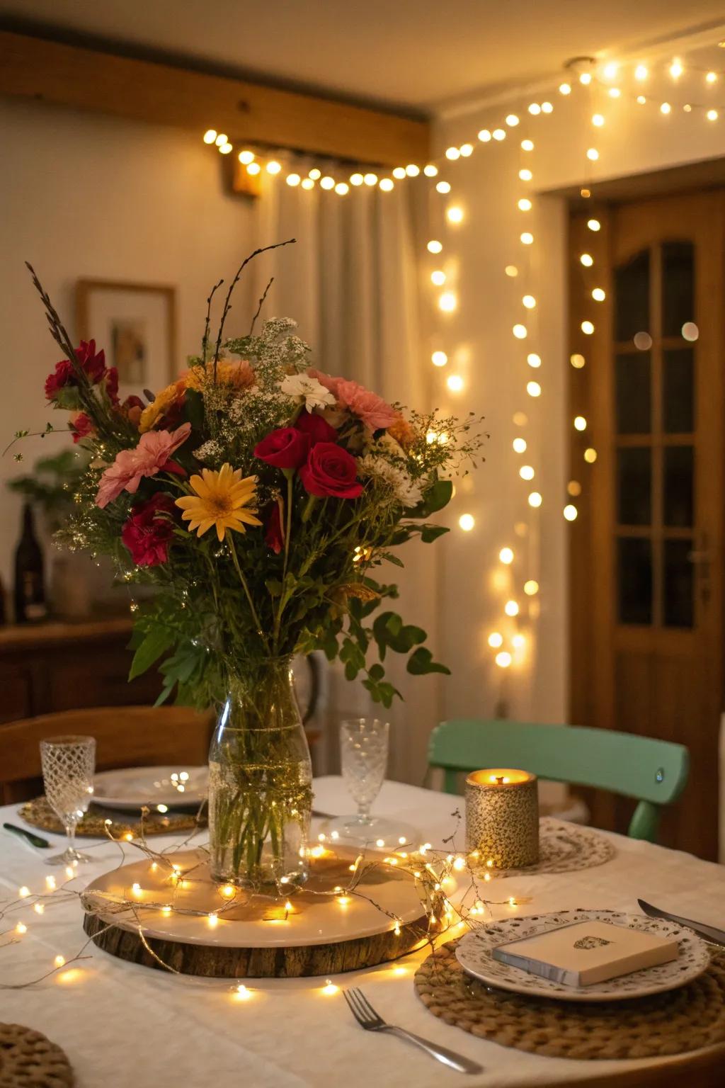 Fairy illumination includes a magical sparkle to the centerpiece.