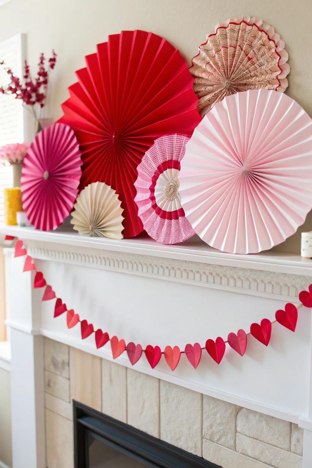 Whimsical paper fans contribute pigment and dimensionality to the mantel.